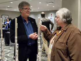 Paul Edmund-Davies & long-time friend (and accomplished flutist) Kate Lukas discuss North Bridge flutes at the show.
